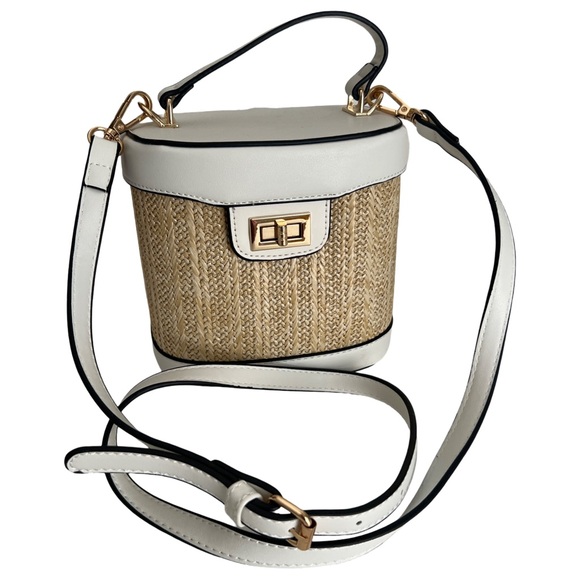 Wicker Tan & White Mini Handbag Crossbody Shoulder Purse Alyssa Bag - Picture 10 of 10